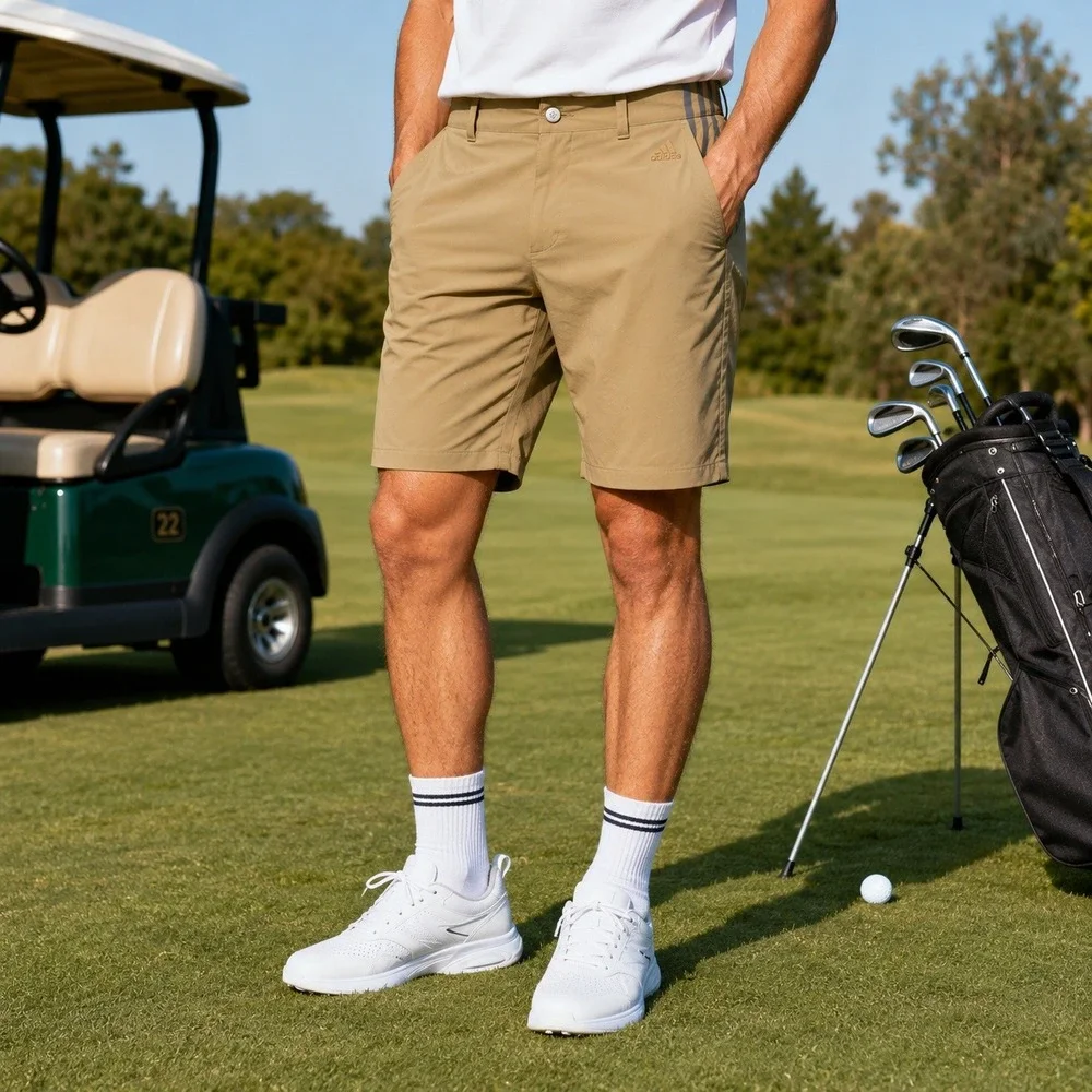 Adidas Golf Shorts Mens 34 Khaki Tan 3 Stripe Performance Stretch Lightweight